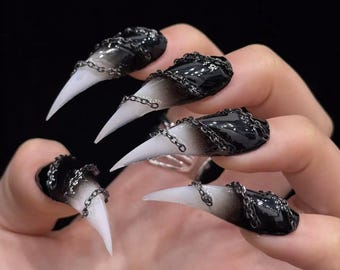 White Black Dargon Claw Press On Nails - Handmade Gothic Nail