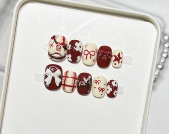 Handmade New Year Press On Nails: Red, White, Horse & Bowknot