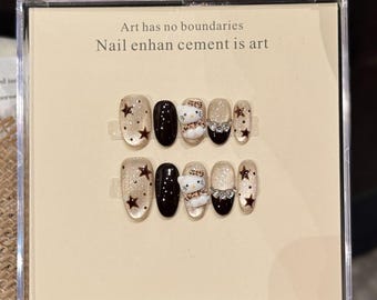 Kawaii Hello Kitty Cat Press On Nail Handmade Almond Medium Length Stars Polka Dot Nails
