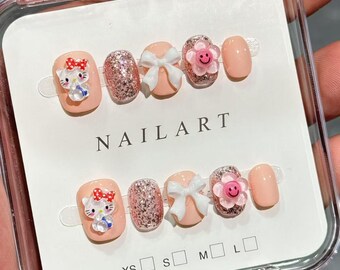 Pink Kawaii Kitty Nail Kids Press On Nail Handmade 3D Charm Nails