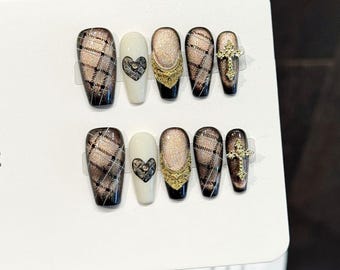 Black Gold Cat Eye Heart Coffin Nail Handmade Grid Cross Charm Press On Nail