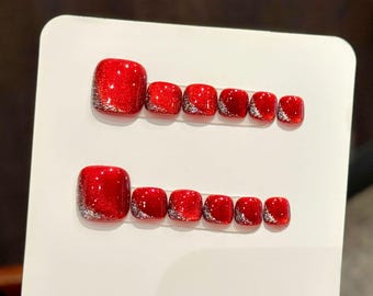 Red Cat Eye Toenails Handmade Short Toe Nail Press On Glitter Nails