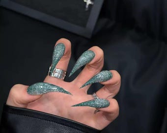 Green Claw Press On Nail - Handmade Glitter Dargon Claw Nails Art