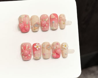 Handmade Strawberry Press On Nails – Pink Square Kawaii Nail