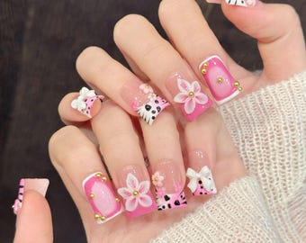 Pink White French Leporad Print Duck Nails - 3D Flower Press On Nail