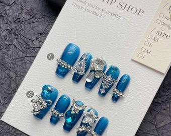 Handmade Glitter Blue Press On Nail Luxury Butterfly Gems Charm Nail Coffin Long Nails