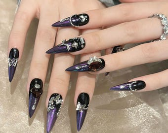 Purple Black Gothic Stiletto Long Press On Nails Luxury Handmade Nails Gem Butterfly Charm