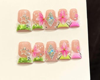 Duck Shape Bling Press On Nails 3D Flower Charm Duck Nail -Pink Green