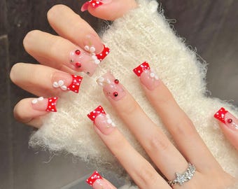 Kawaii Pink Red Polka Dot Duck Nails Handmade 3D Flower Short Nail