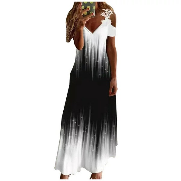 Women Floral Print Maxi Dress Boho Lace Sling Hollow Out A Line Long Dress Ladies Casual Loose V-Neck Beach Party dress Vestidos