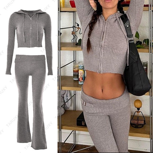 Zip Up Hooded Top and Flare Pants Sweater Set