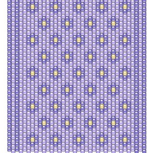 Puede incluir: Un panel rectangular de cuentas con un patrón floral repetitivo. El diseño consiste en pequeñas cuentas cuadradas de color morado claro que forman una cuadrícula, con grupos de cuentas moradas oscuras rodeando una cuenta amarilla pálida.