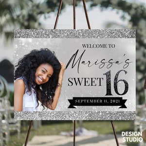 Glam Sweet Sixteen Welcome Sign with Photo Design, Personalized 16th Birthday, Digital Download, Party Decorations, Poster, Decor, Sign