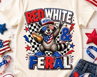 Red White Feral Raccoon PNG SVG, Patriotic Kids Shirt Design, 4th July Raccoon Graphic, Funny Merica Sublimation PNG