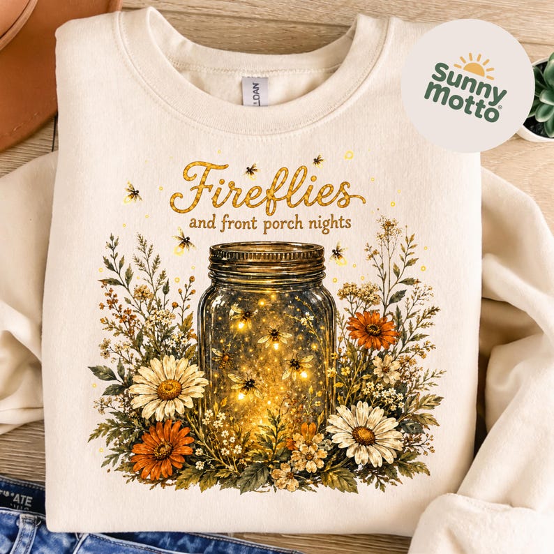 May include: A cream-coloured sweatshirt with a mason jar design filled with glowing fireflies, surrounded by orange, white, and green floral elements. The text "Fireflies and front porch nights" is arched above the jar.