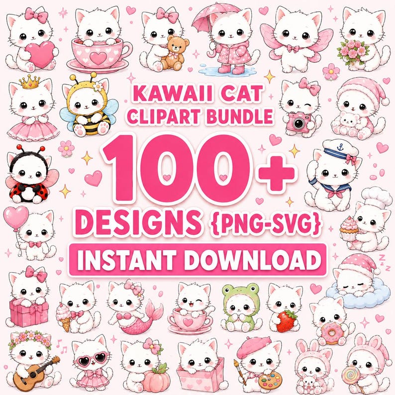 Kawaii Cat Clipart Bundle PNG SVG, 100 Cute Pink Kitty Designs, Instant ...