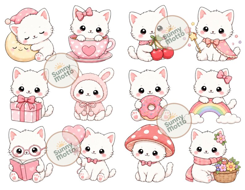 Kawaii Cat Clipart Bundle PNG SVG, 100 Cute Pink Kitty Designs, Instant ...