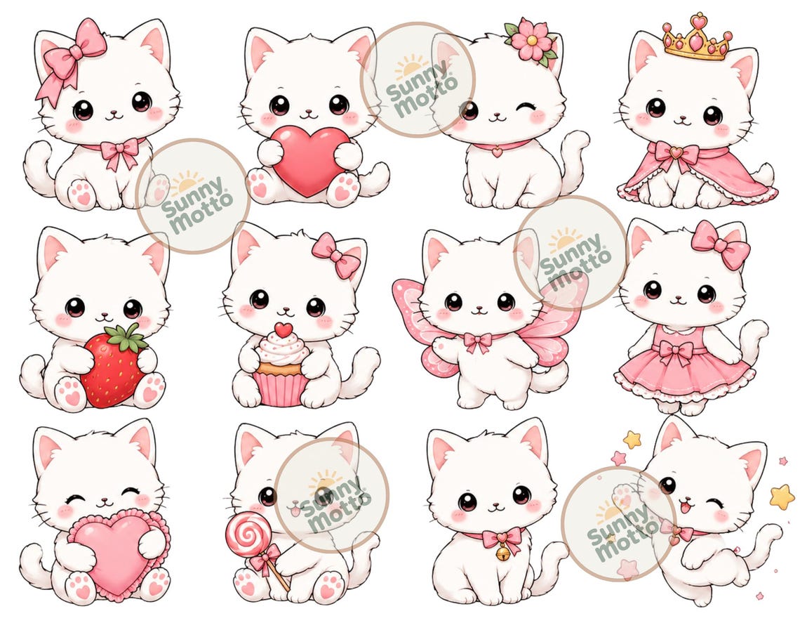 Kawaii Cat Clipart Bundle PNG SVG, 100 Cute Pink Kitty Designs, Instant ...