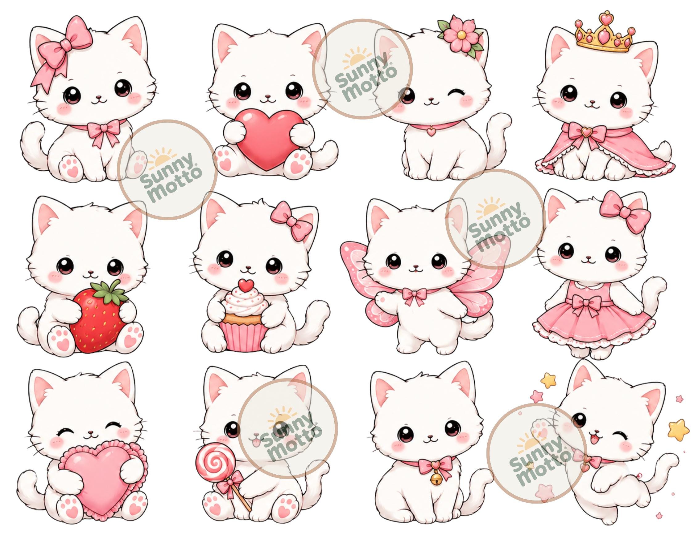 Kawaii Cat Clipart Bundle PNG SVG, 100 Cute Pink Kitty Designs, Instant ...
