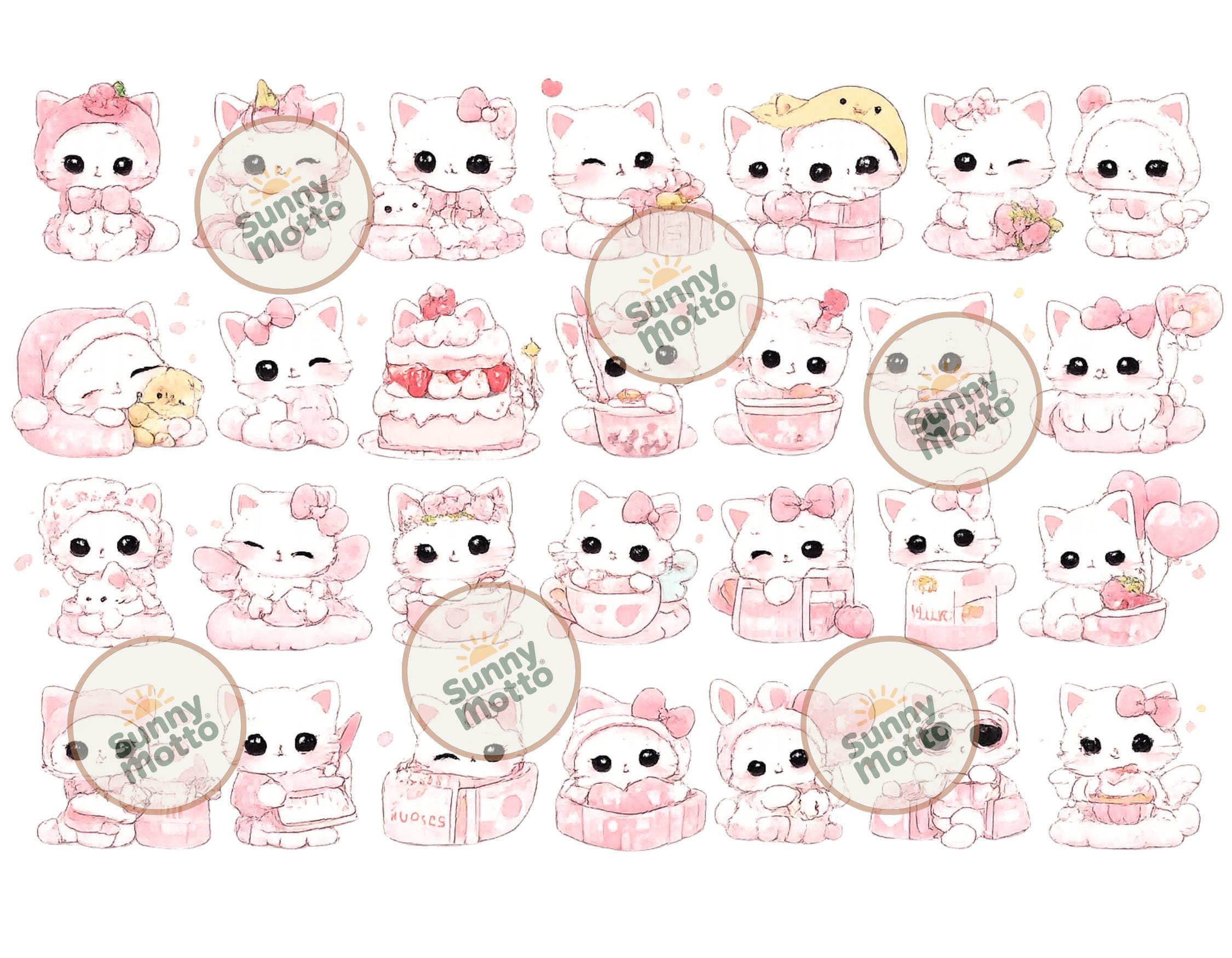 Kawaii Cat Clipart Bundle PNG SVG, 100 Cute Pink Kitty Designs, Instant ...