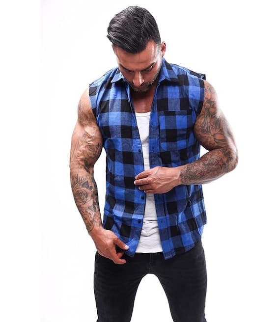 Men's Sleeveless Plaid Flannel Shirt – Lightweight Muscle Fit