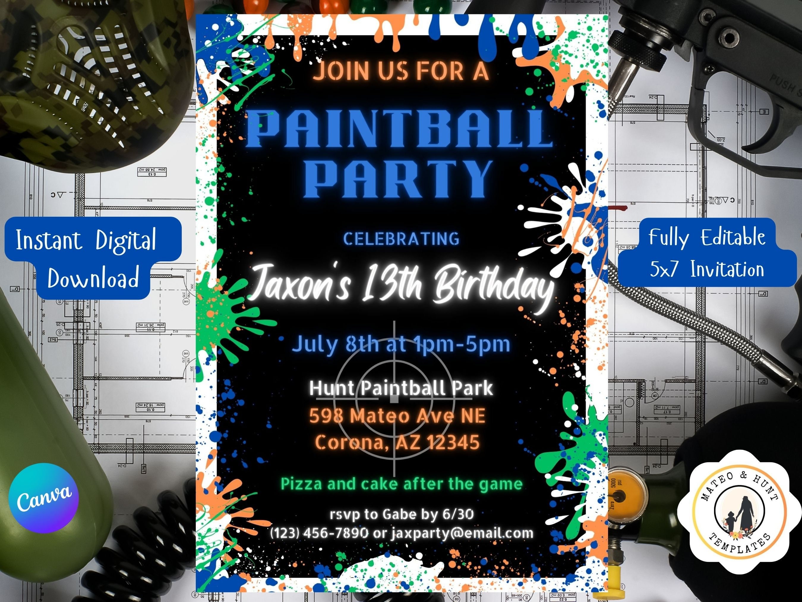 Paintball Birthday Invitation, Paintball Party, Birthday Party Invite