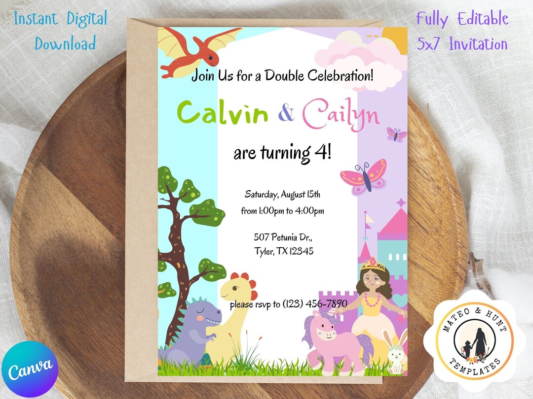Twin Birthday Party Invitation Dino/princess Birthday Invite Etsy