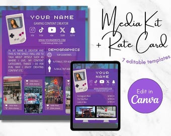 Bundel gamermediakit en tariefkaart, Twitch Streamer YouTuber Tech Canva-sjabloon voor influencers van contentmakers (digitale download)