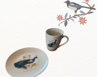 Peacock Dessert Plate and Hand Designed Mug