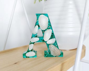 Coastal Resin Letter, Handmade Home Decor with Seashells, Freestanding Letter for Shell