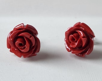 Red Rose Stud Earrings Resin Sterling Silver Flower Jewelry Cottagecore
