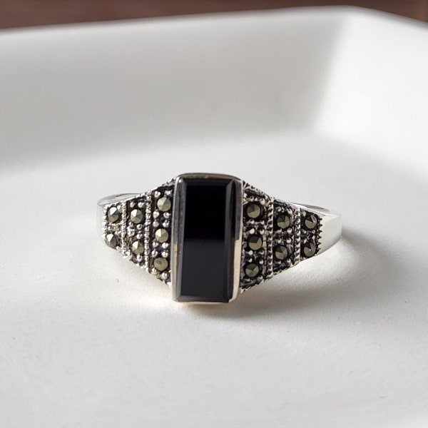 Art Deco Ring Onyx Sterling Silver Marcasite, Rectangle Onyx Gemstone Cocktail Ring