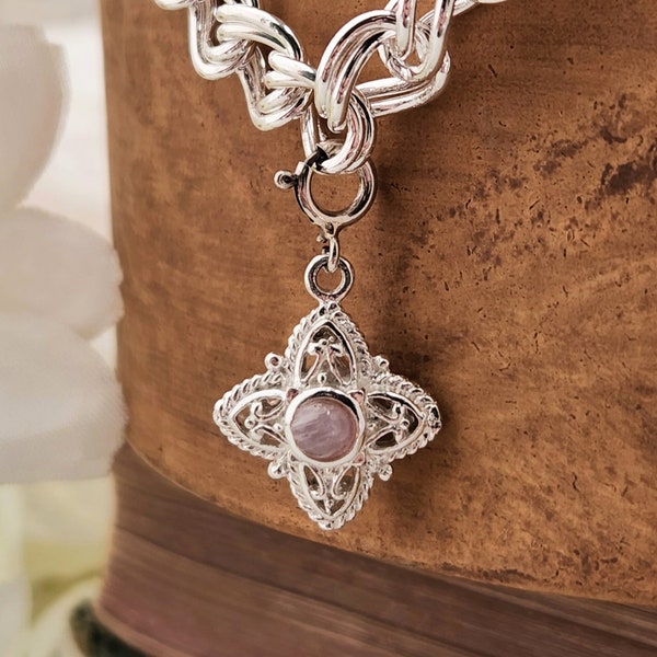 Victorian Charm Amethyst Pendant Sterling Silver Cape Amethyst Vintage Cross Filigree Ornate Delicate Charm Bracelet Cottagecore