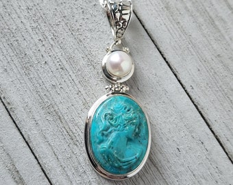 Turquoise Cameo Necklace Freshwater Pearl Jewelry Mermaid Necklace Sterling Silver Jewelry