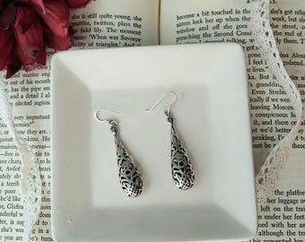 Victorian Filigree Sterling Silver Teardrop Dangle Earrings
