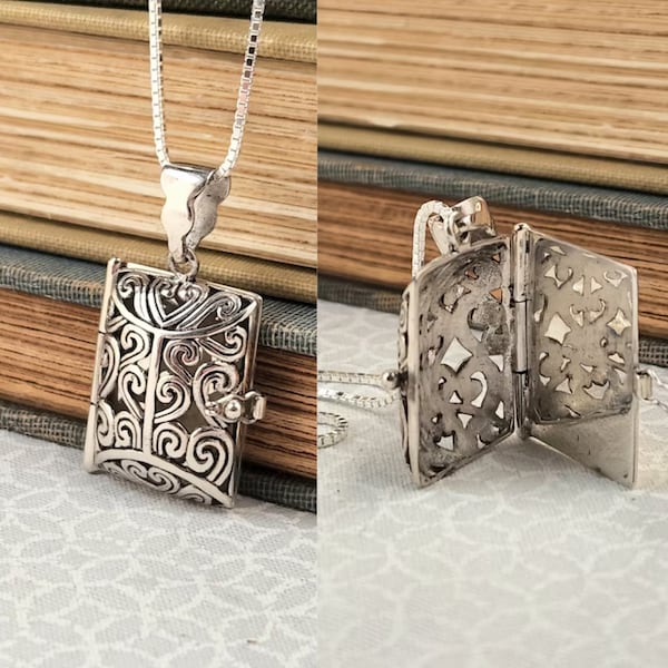 Buch Medaillon Halskette: Sterling Silber Victorian Filigree Aromatherapie Parfüm Anhänger