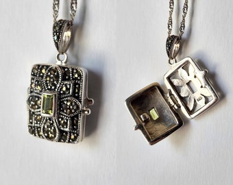 Perfume Locket Necklace Peridot August Birthday Gemstone Necklace Marcasite Sterling Silver