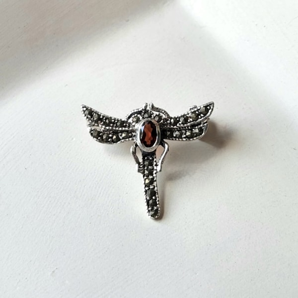 Dragonfly Marcasite Garnet Brooch Sterling Silver Art Deco Lapel Pin 925 Victorian Red Gemstone January Birthstone Vintage Inspired Jewelry