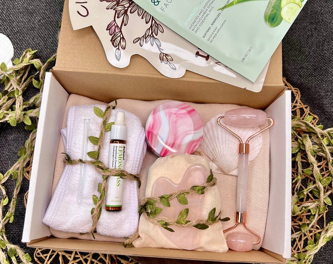 Summer Spa gift basket  with REAL stone Gua Sha tools, Mothers Day SPA Gift Box, facial care set, SPA relaxation gift