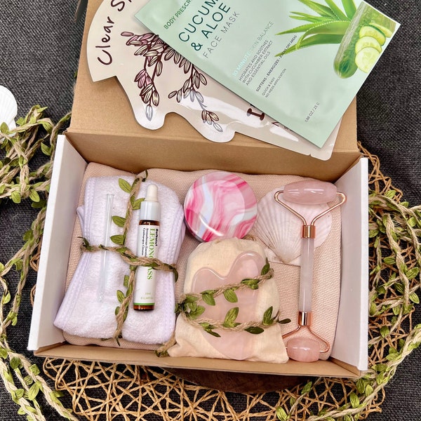 Summer Spa gift basket  with REAL stone Gua Sha tools, Mothers Day SPA Gift Box, facial care set, SPA relaxation gift