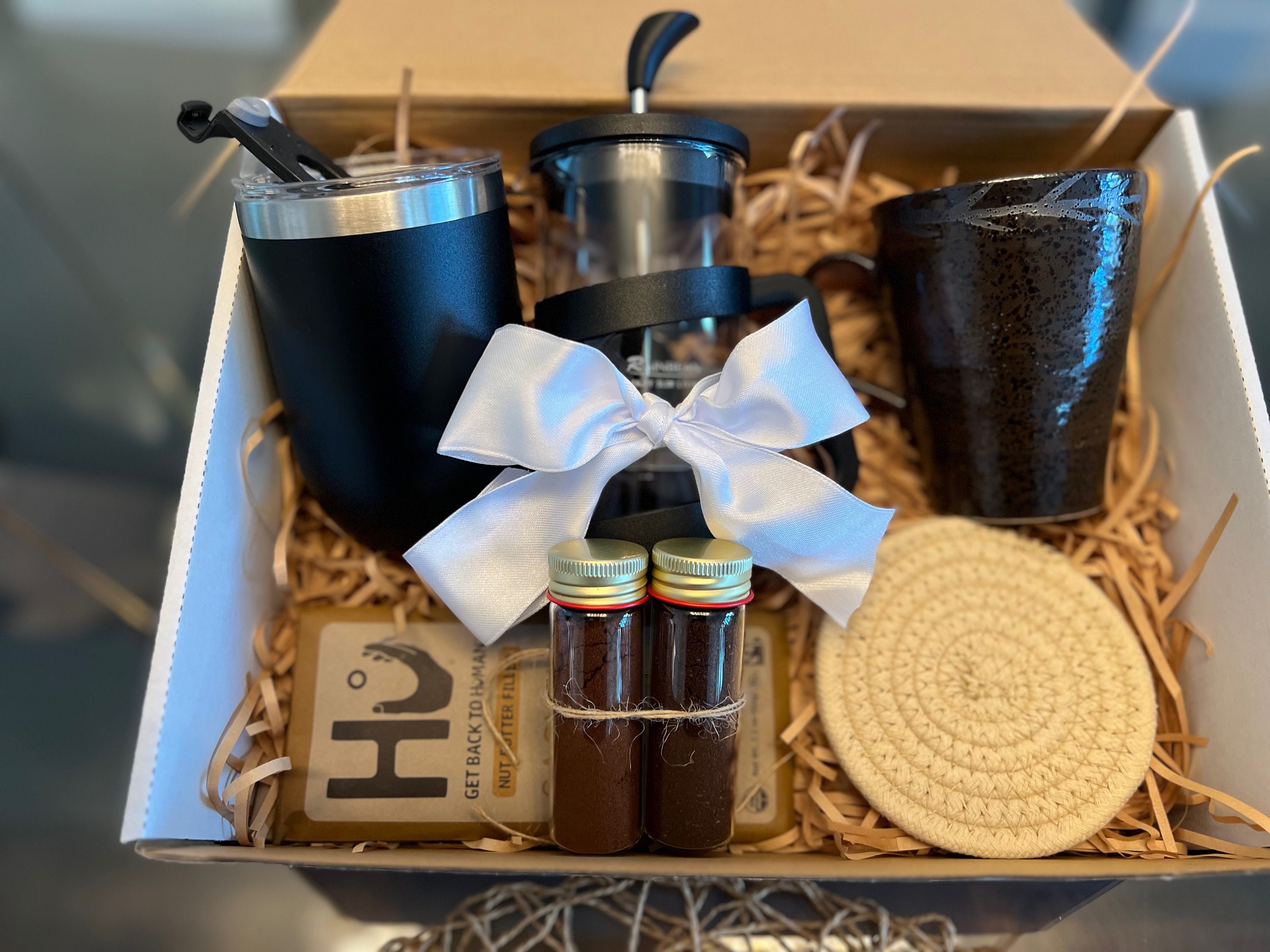 Coffee Lover Gift Box By Silly Obsessions. Unique Gift Basket for birthday,  new home warming, housewarming, dinner party. Best Coffee Gift Set for