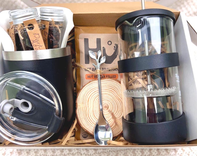 Coffee Lover Gift Box: French Press, Mug, Gourmet Beans, Travel Tumbler