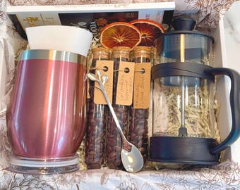 Coffee Lover Gift Basket: French Press, Gourmet Coffee Samples & Treats