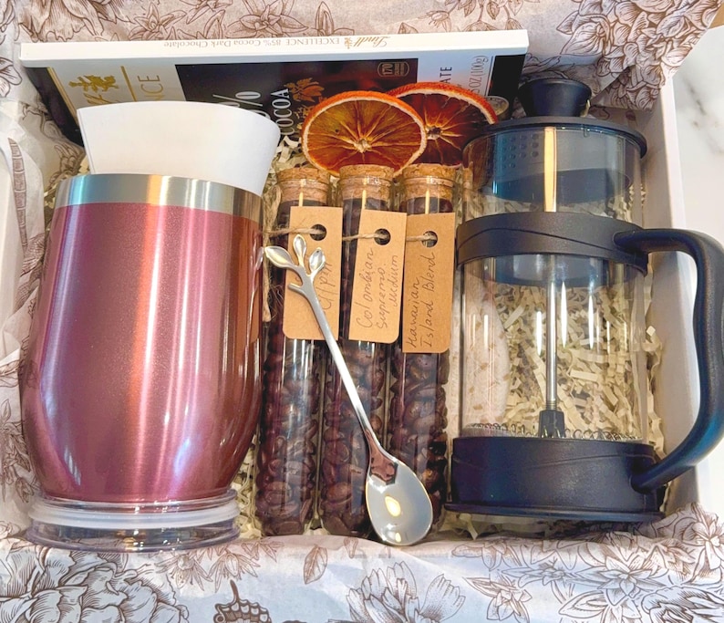 Coffee Lover Gift Basket: French Press, Gourmet Coffee Samples & Treats ...