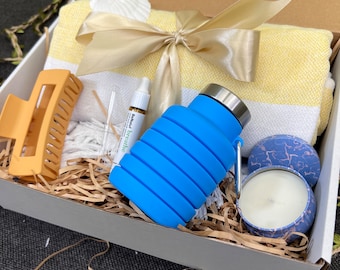 Summer Spa Gift Basket: Turkish Towel, Water Bottle & Candle