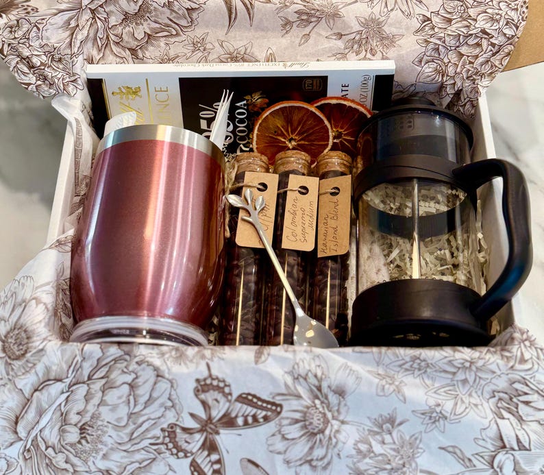 Coffee Lover Gift Basket: French Press, Gourmet Coffee Samples & Treats ...