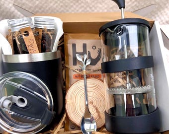 Coffee Lover Gift Basket: French Press, Gourmet Coffee Samples & Treats