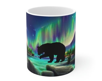 Northern Lights Mug, Aurora Borealis design, Bear Mug, Gift, Aesthetic Mug, Coffee mug, 11oz,