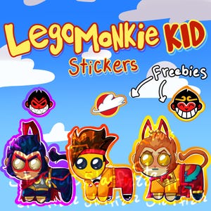 May include: Colorful Lego Monkie Kid stickers with a blue sky background. The stickers feature cartoon characters and the words "Lego Monkie Kid Stickers Freebies". The stickers are in various colors, including red, yellow, and blue.