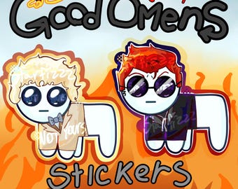May include: A cartoon illustration featuring characters from "Good Omens" with the words "Good Omens Stickers." One character has blonde hair and a bow tie, the other has red hair and sunglasses. The background is orange.